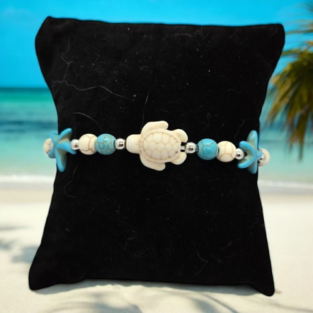 Beach Vacation Turquoise Beaded Bracelet Sea Turtle Starfish Fashion Jewelry NEW